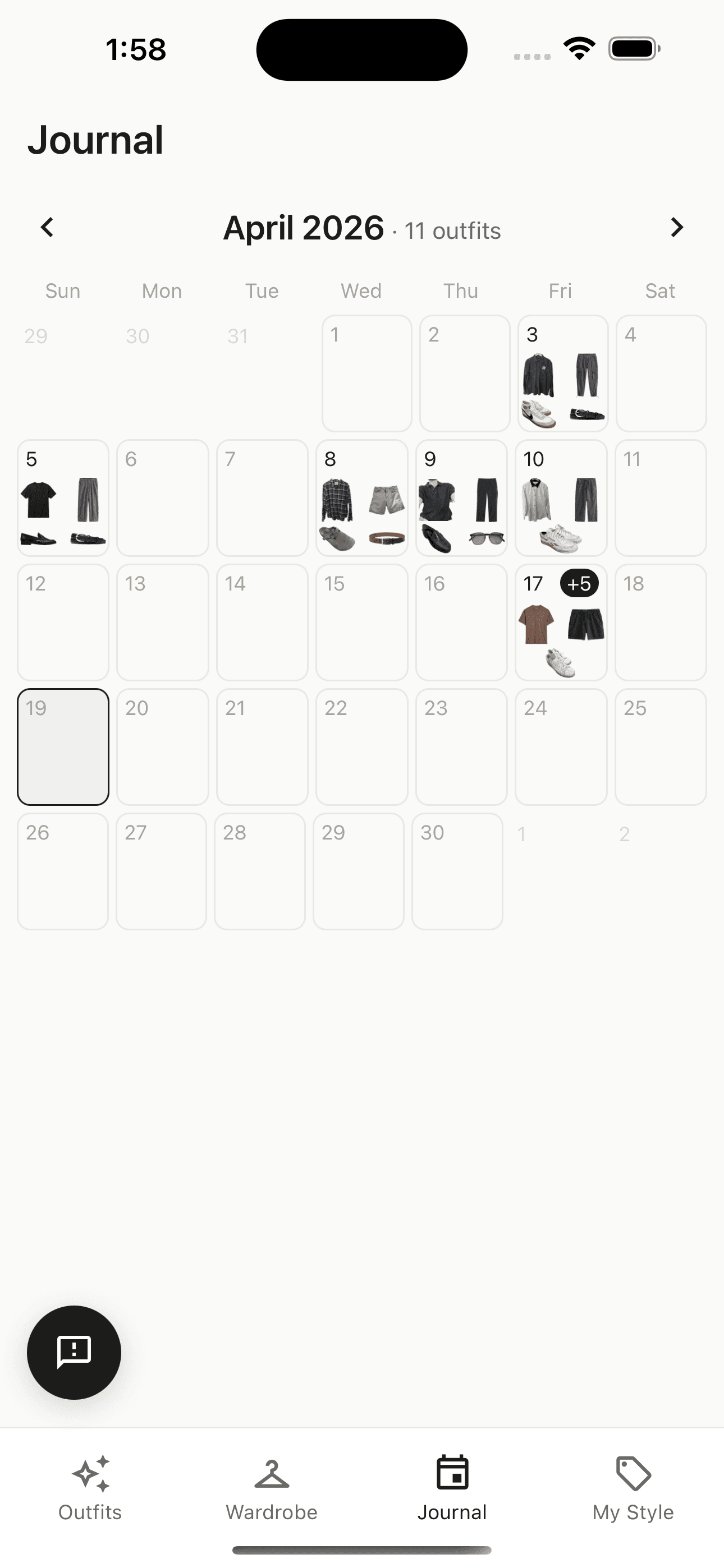 Closetize journal view — a monthly calendar view of April 2026 showing 11 outfits worn across the month, each cell containing small images of the clothing worn that day.