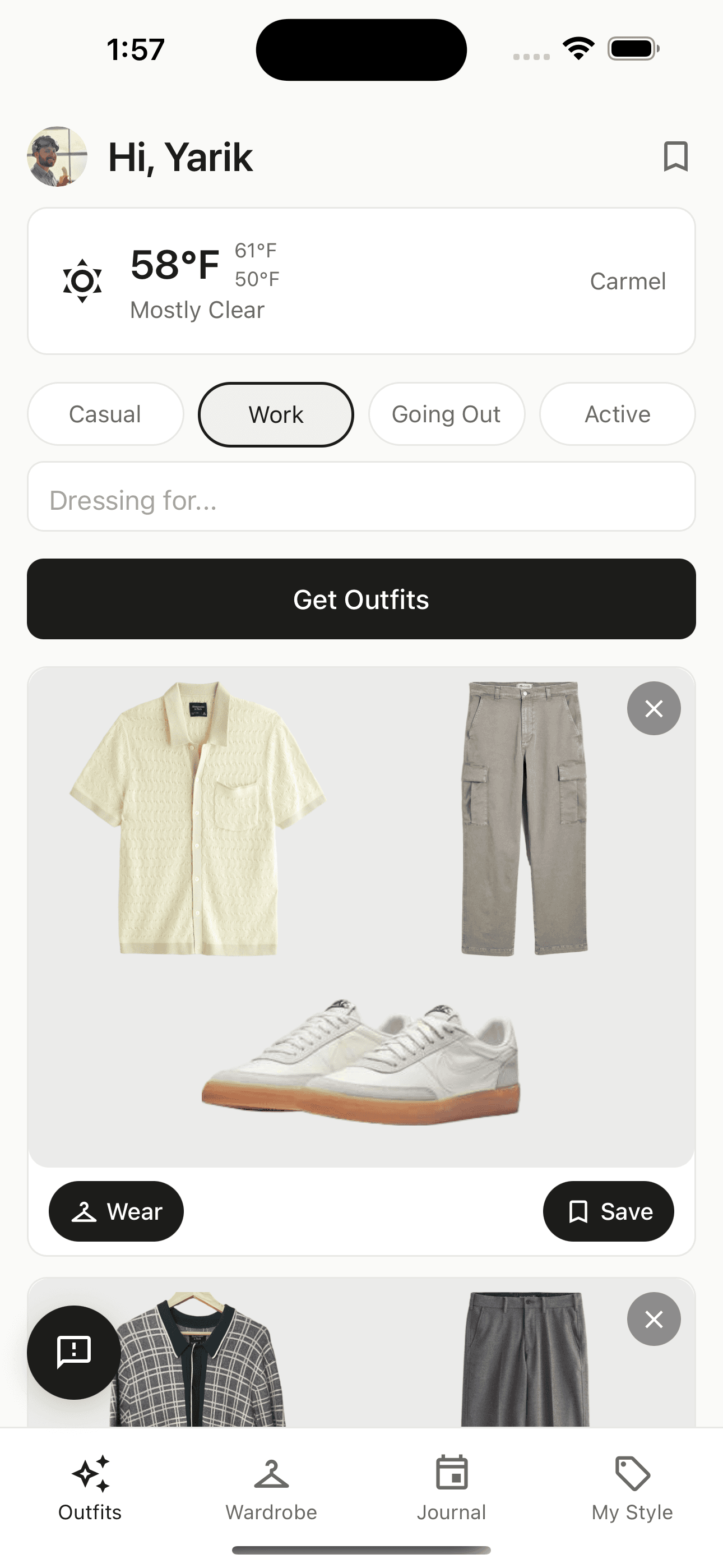 Closetize Outfits view — outfit suggestions drawn from the user's own wardrobe.