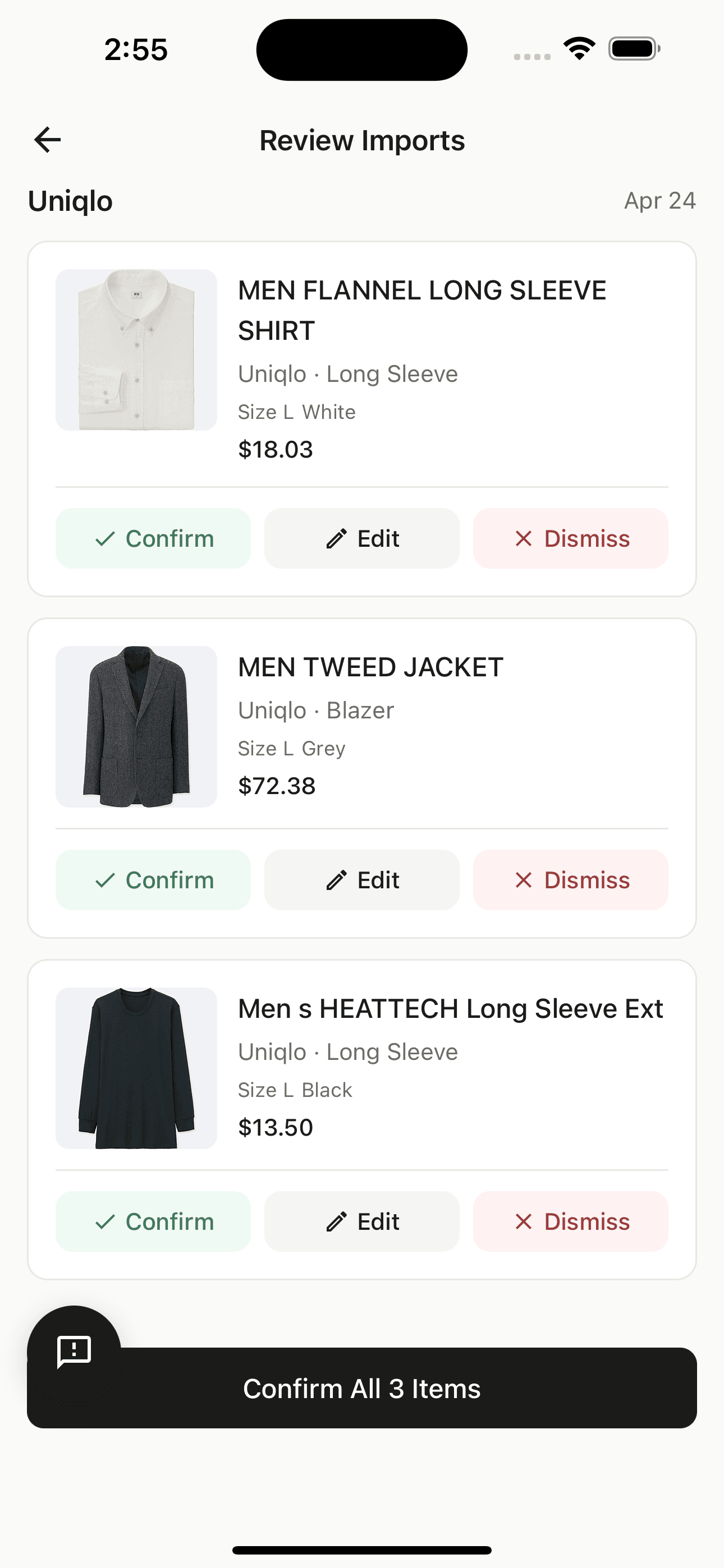 Closetize Review Imports view — three Uniqlo items parsed from a receipt, each with Confirm, Edit, and Dismiss actions, and a Confirm All 3 Items CTA at the bottom.