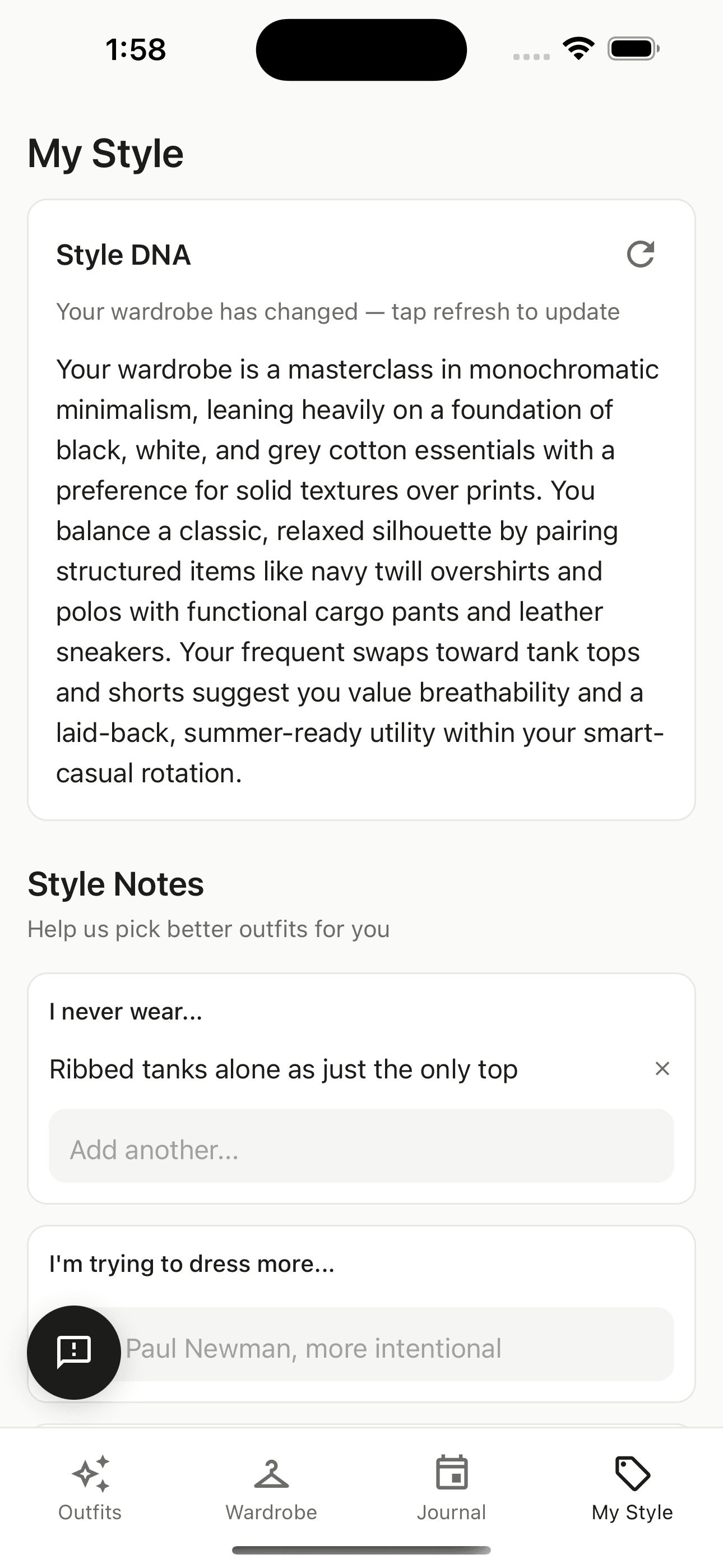 Closetize style view — a Style DNA card describing the user's wardrobe as a masterclass in monochromatic minimalism, with style notes below.