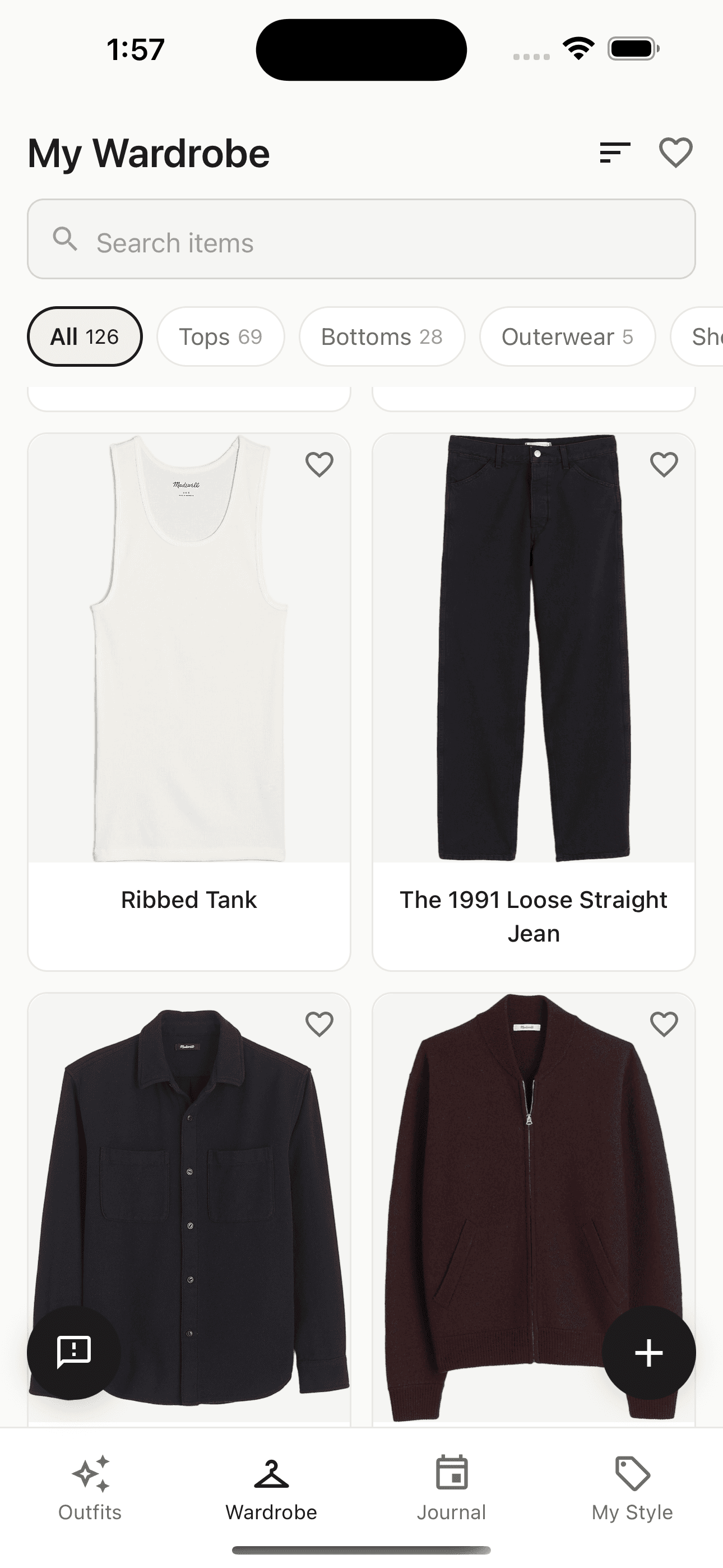 Closetize wardrobe view — a grid of clothing items including a ribbed tank, loose straight jeans, an overshirt, and a bomber.