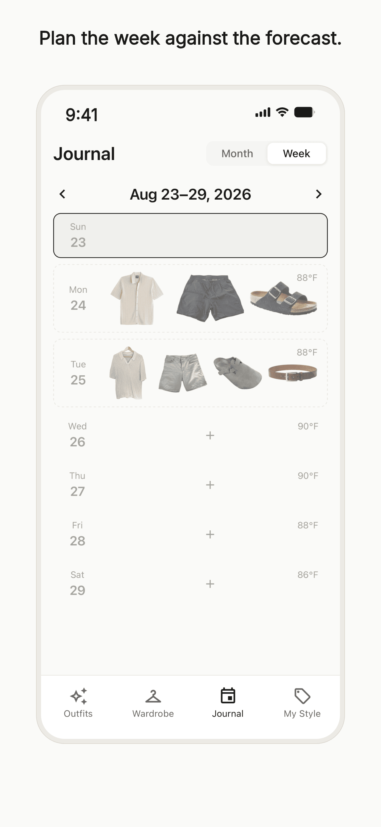 Closetize screenshot: Planning the week